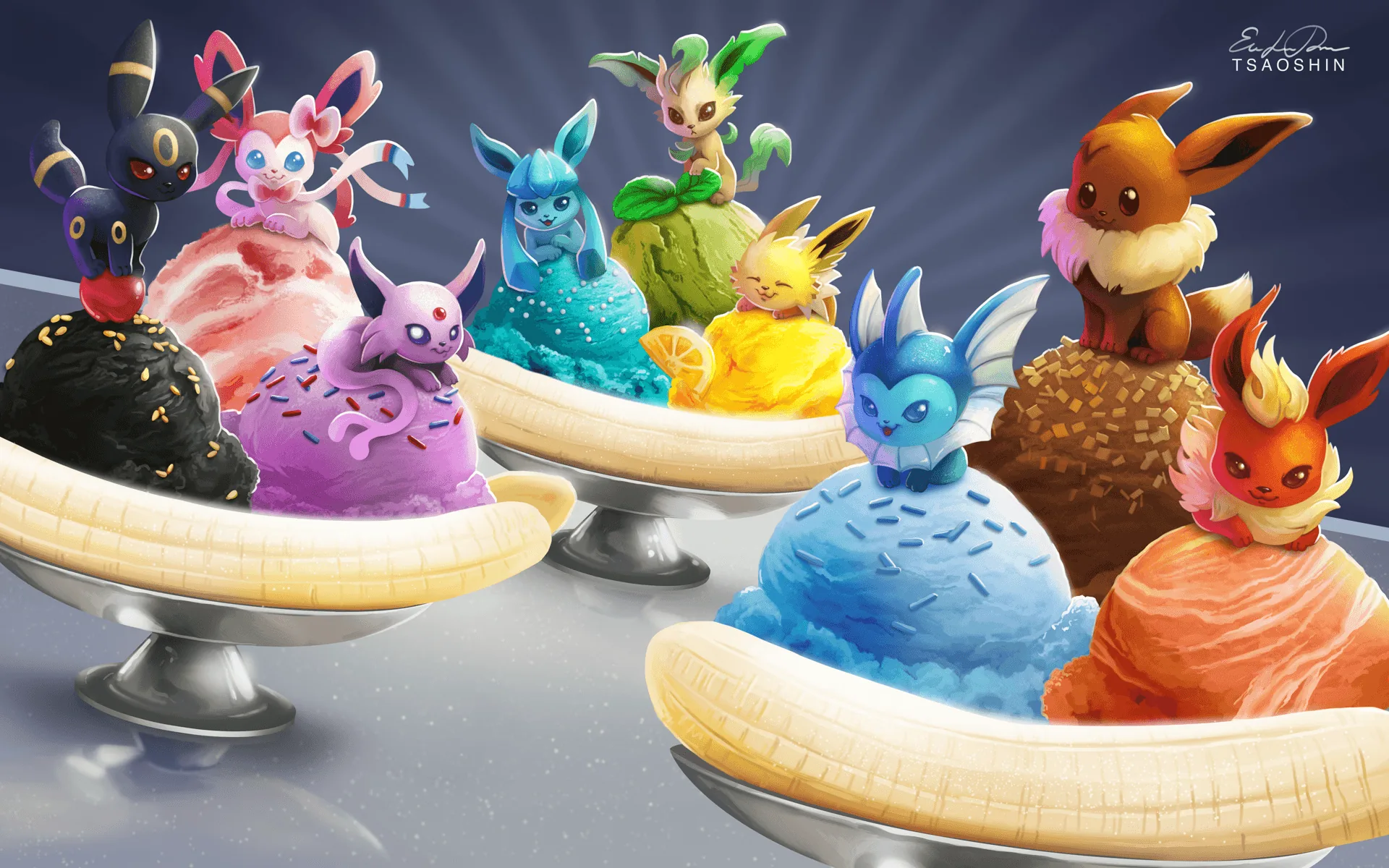 Evoluzioni di Eevee gelato banana split, Pokémon, 1920x1200 WUXGA, Desktop
