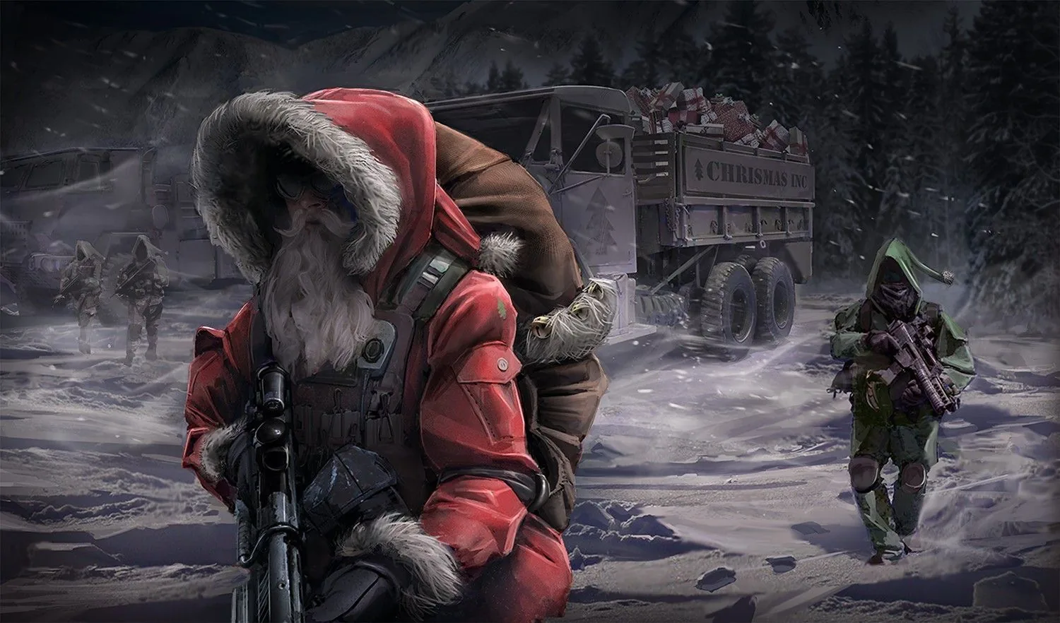 Babbo Natale con fucile, camion militare, 1500x882 720p, PC