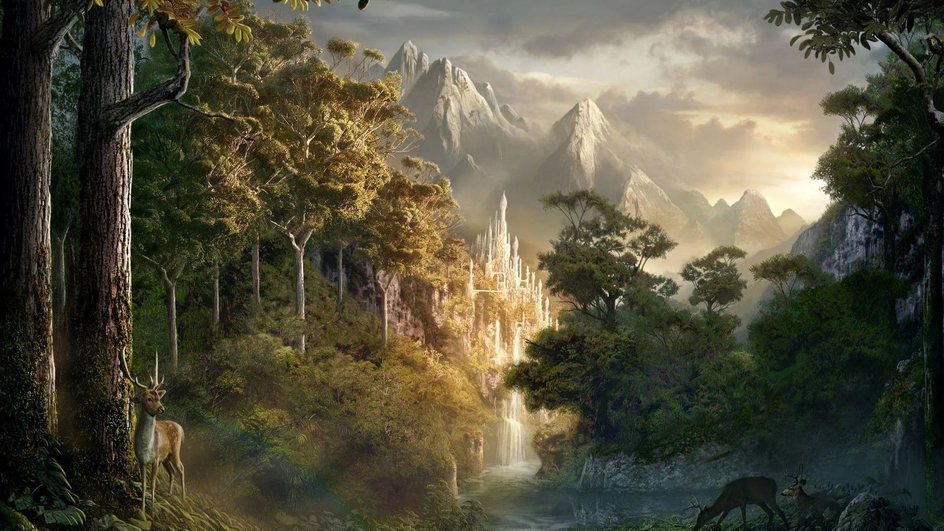 Castello fantasy tra foresta e montagne, 1920x1080 Full HD, Laptop