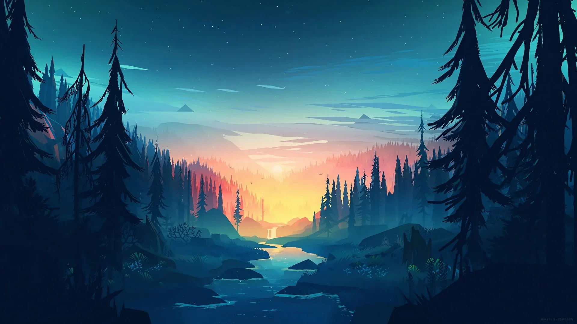 Foresta al tramonto con fiume, 1920x1080 1080p, Desktop