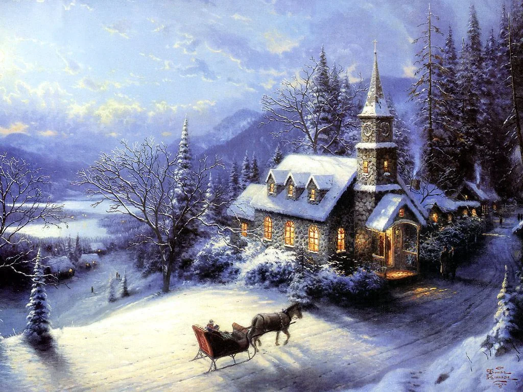 Chiesa innevata con slitta natalizia, 1024x768 HD, Desktop