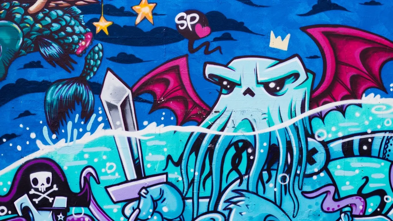 Graffiti polpo con corona blu, arte urbana, 1366x768 HD, Lenovo Legion