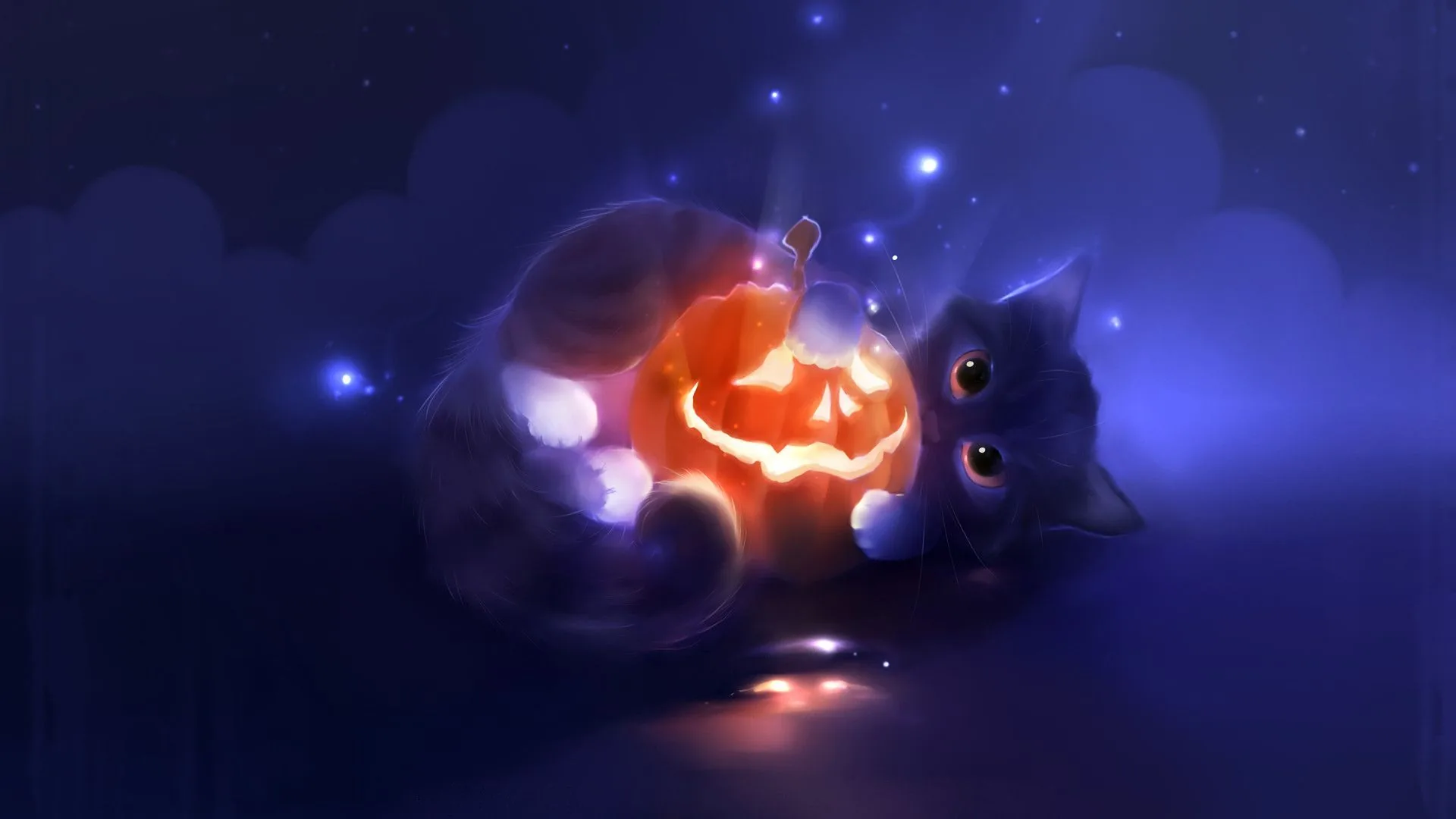 Gatto nero con zucca luminosa, 1920x1080 Full HD 1080p, PC Desktop