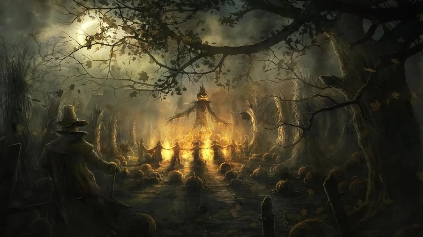 Spaventapasseri in fiamme, foresta oscura, 1366x768 720p, PC