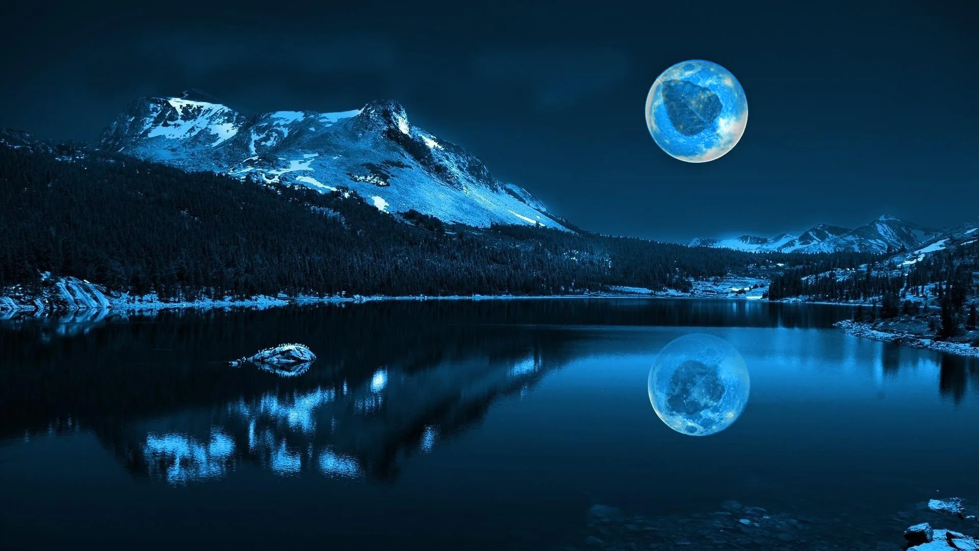 Luna blu su lago montano, 1920x1080 Full HD, Desktop