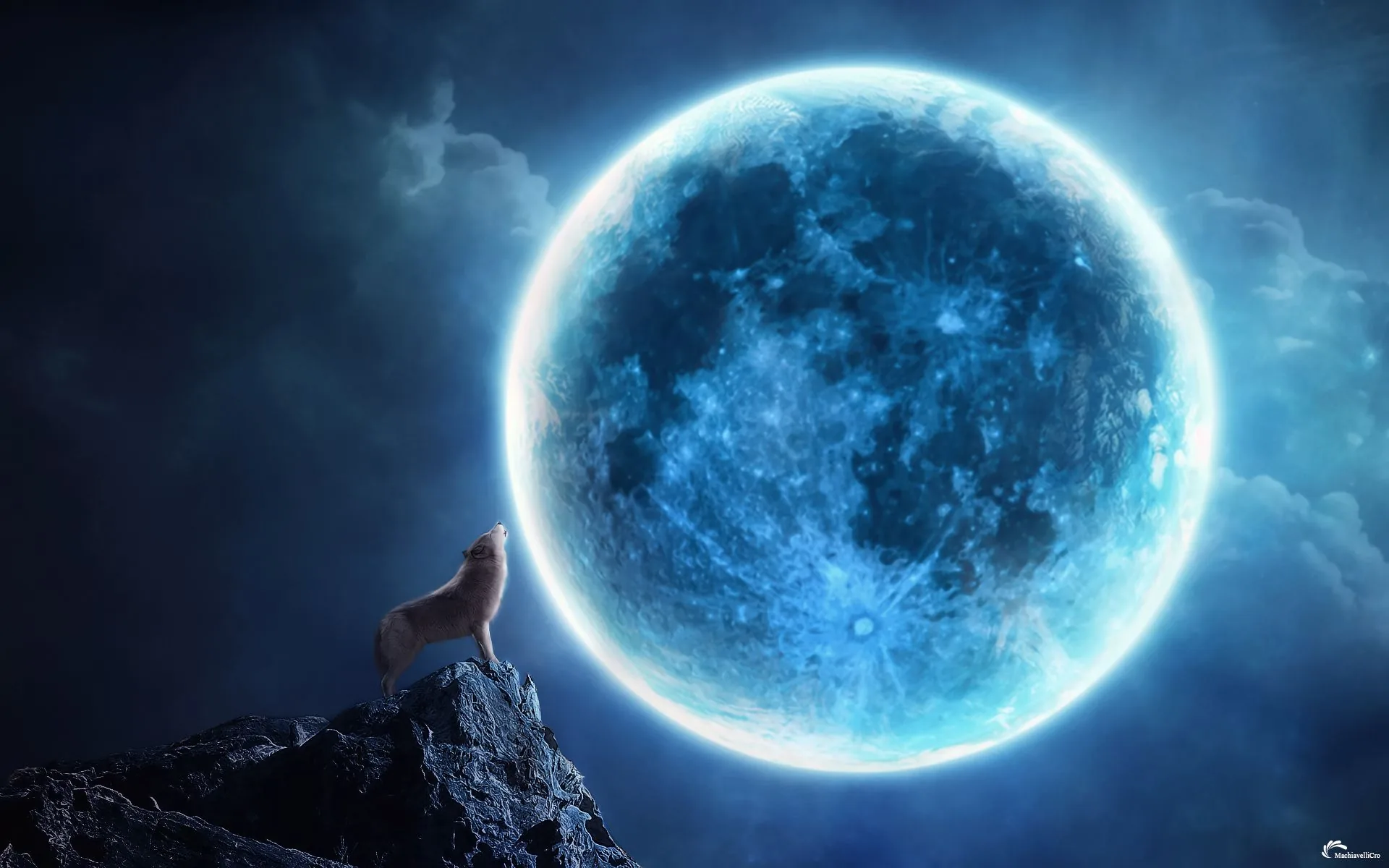 Lupo ulula sotto luna piena, 1920x1200 Full HD+, Desktop
