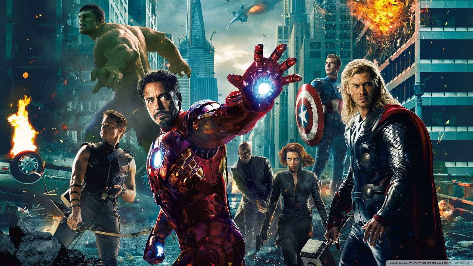 Avengers gruppo supereroi città, Marvel, 1920x1080 Full HD, PC