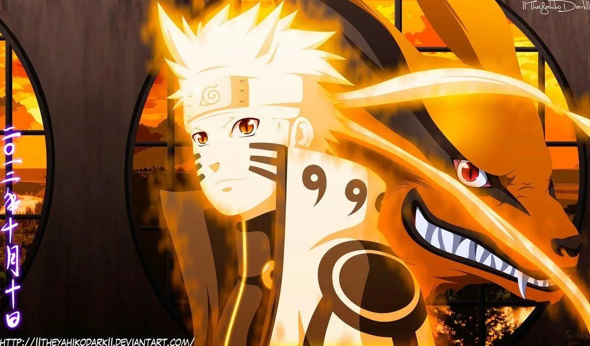 Naruto e Kurama, chakra arancione, Konoha, 1167x684 HD, PC