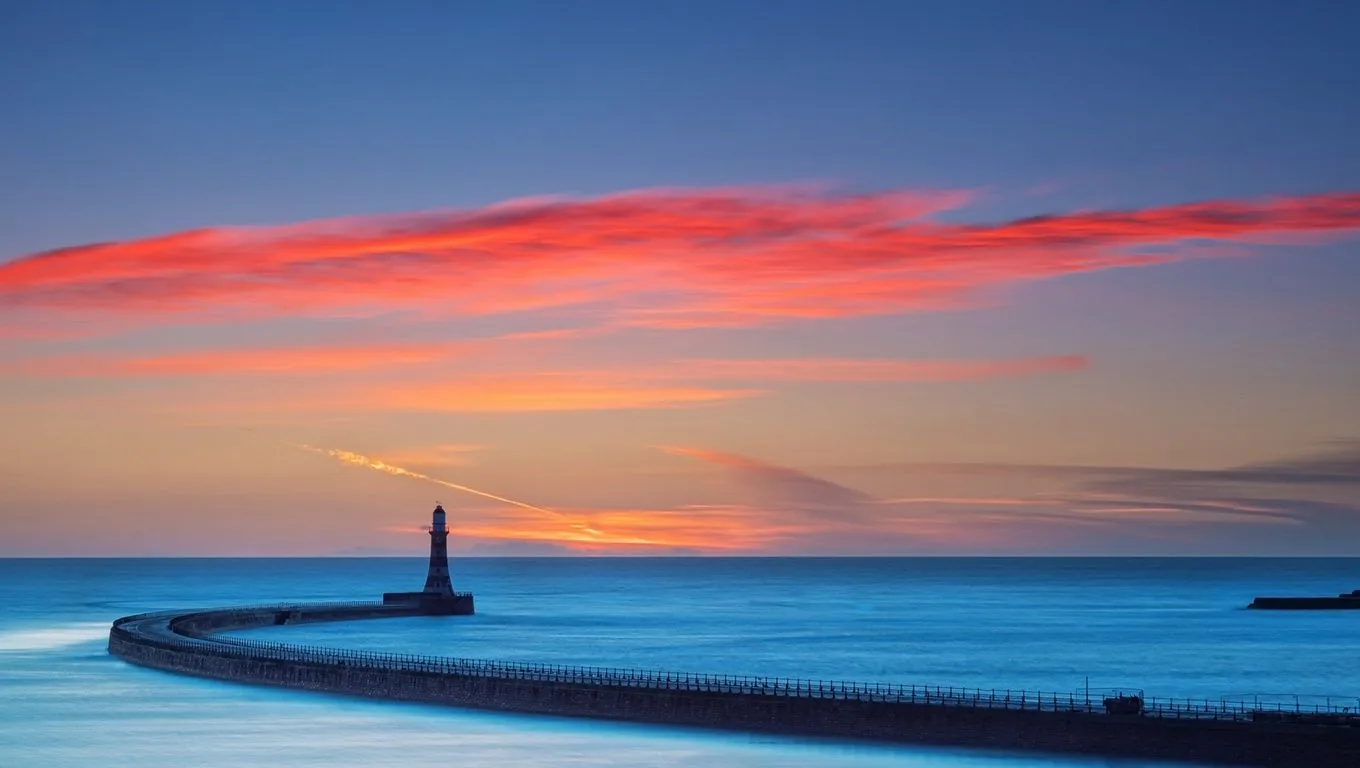 Faro molo tramonto oceano, 1360x768 720p, PC