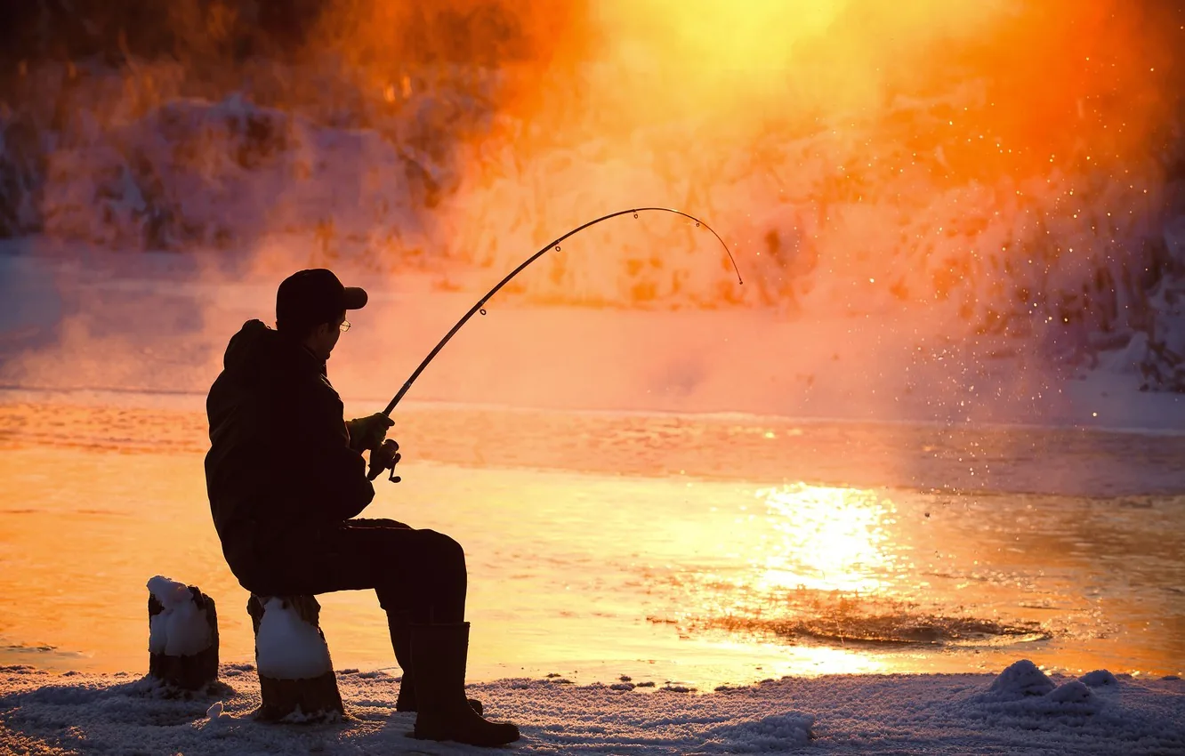 Pescatore silhouette tramonto invernale, 1332x850 HD, Desktop