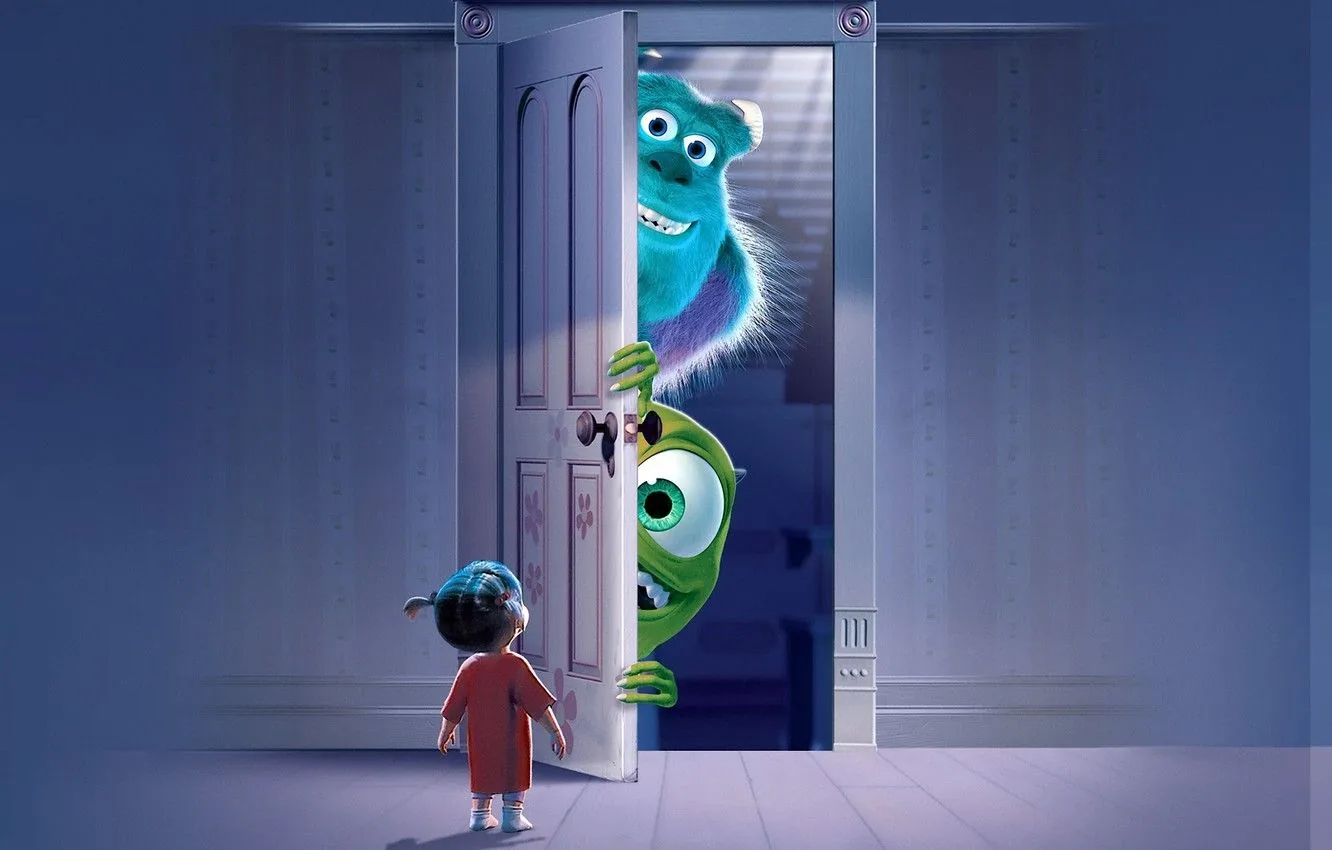 Sulley, Mike Wazowski, porta Boo, 1332x850 HD, Desktop
