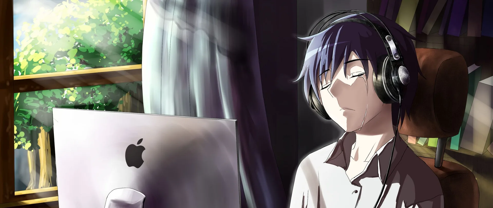 Ragazzo anime con cuffie piange, 2560x1080 21:9, Ultrawide