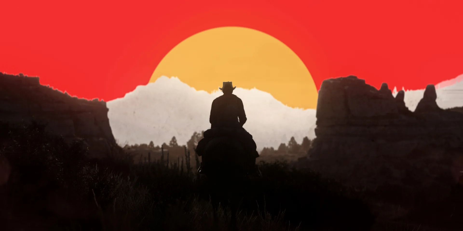 Cowboy a cavallo, tramonto rosso, 4000x2000 UHD, PC 4K