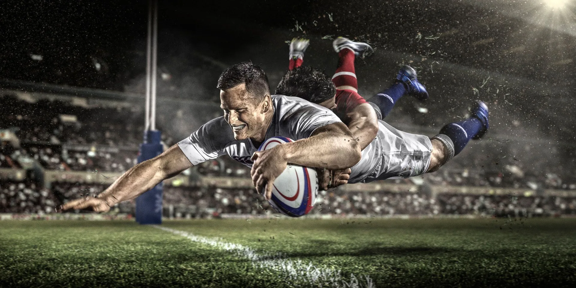 Giocatore rugby in tuffo meta, 2048x1024 alta risoluzione, Laptop