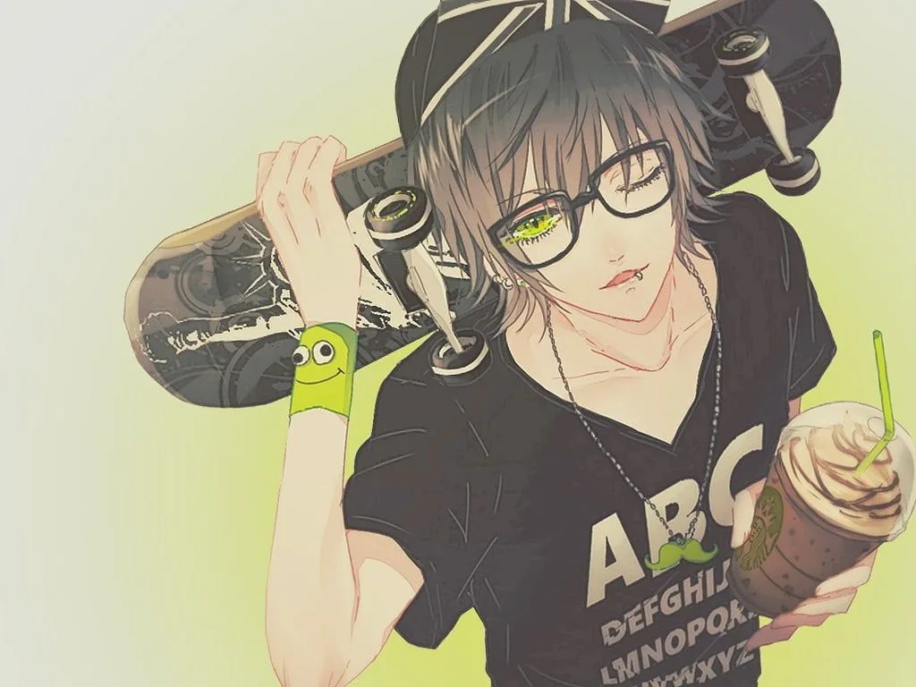 Ragazzo anime con skateboard, occhiali, 1024x768 HD, iMac