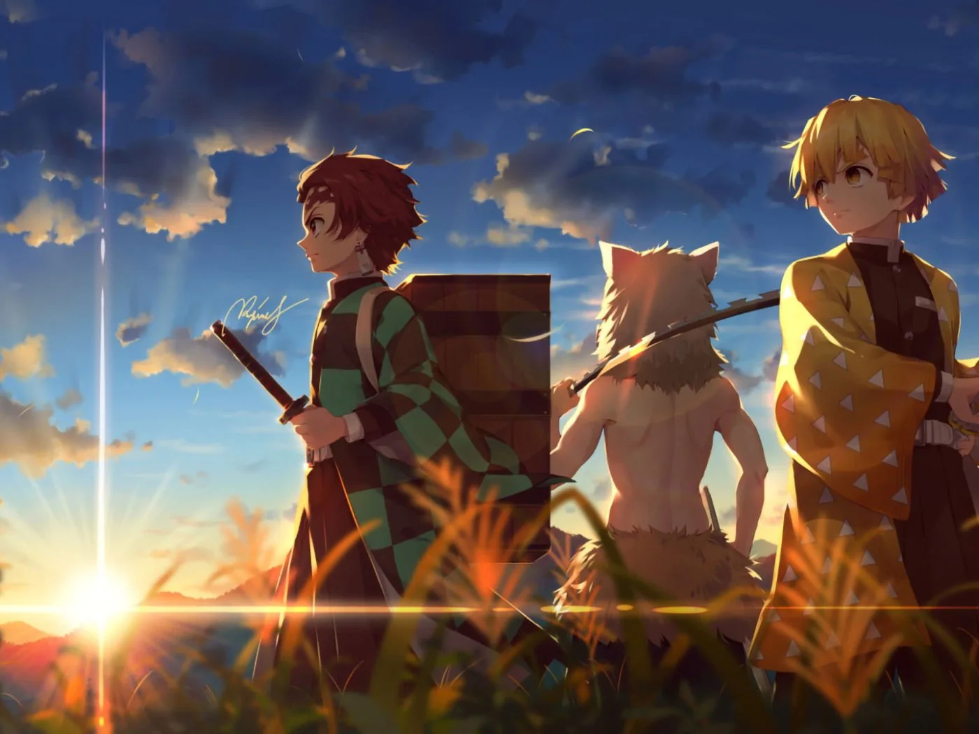 Tanjiro, Inosuke e Zenitsu al tramonto, 1400x1050 HD, Notebook Gaming