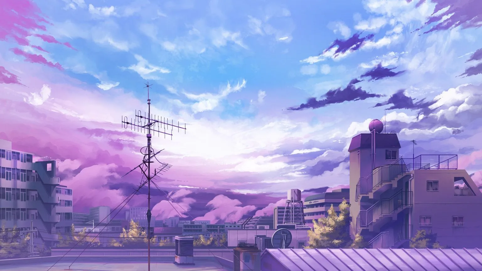 Skyline Tokyo stile anime viola, 1332x850 HD, Desktop
