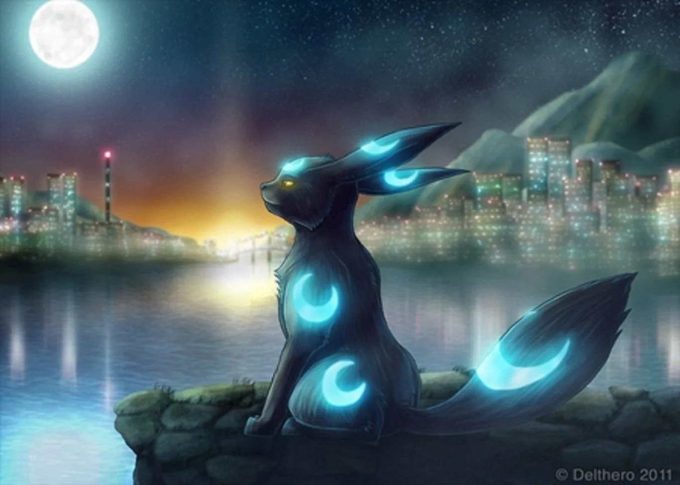 Umbreon Shiny notturno città, 1366x974 HD, Desktop