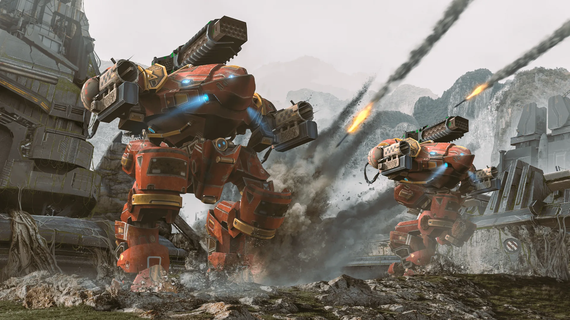 Robot da guerra arancioni in combattimento, 2560x1440 1440p, Desktop